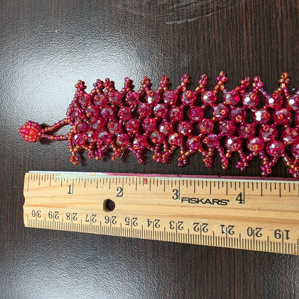 Handmade Magenta Red Beaded Cuff Bracelet Faceted Glass Seed Bead Statement 7.5